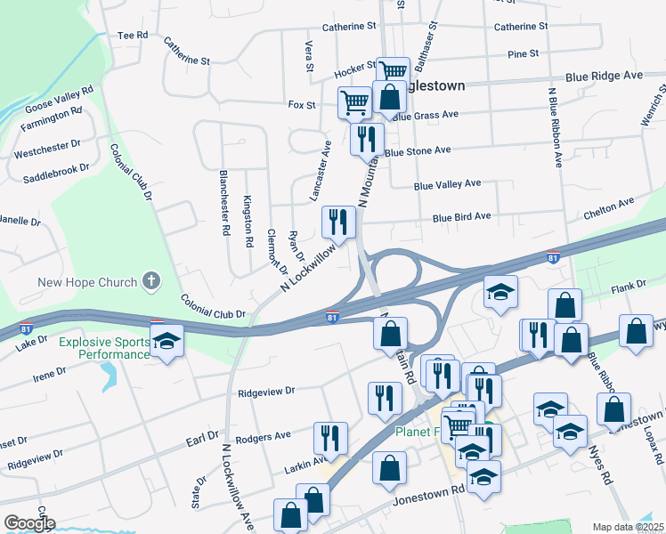 map of restaurants, bars, coffee shops, grocery stores, and more near 400 North Mountain Road in Harrisburg