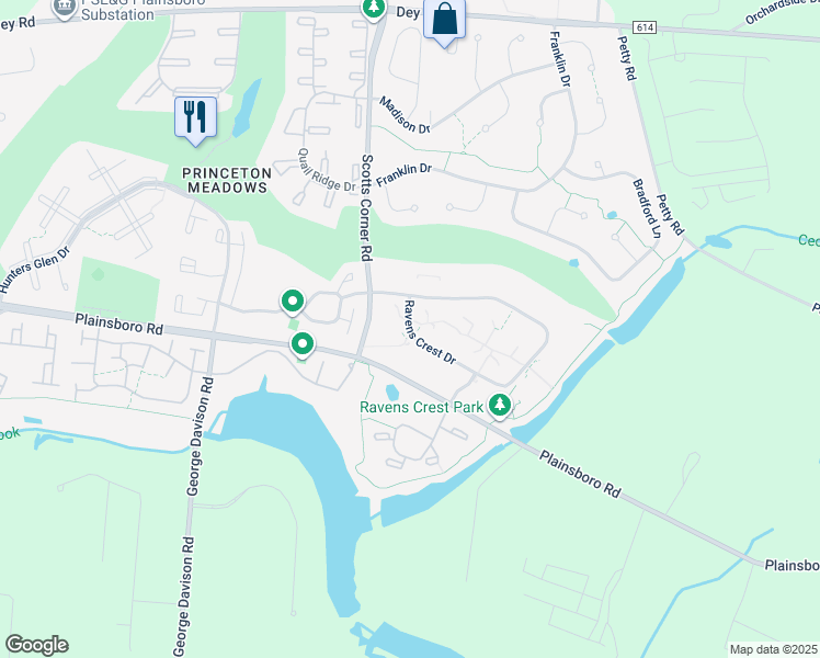 map of restaurants, bars, coffee shops, grocery stores, and more near 6315 Ravens Crest Drive in Plainsboro Township