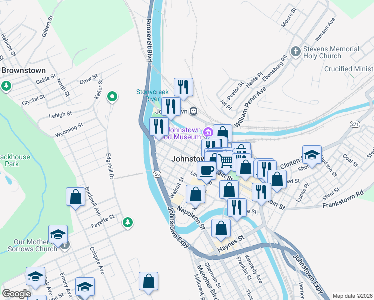 map of restaurants, bars, coffee shops, grocery stores, and more near 229 Main Street in Johnstown