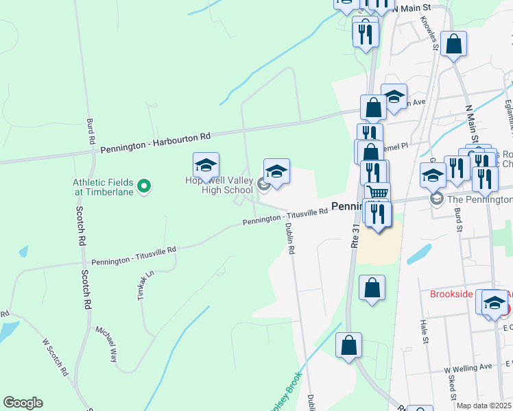 map of restaurants, bars, coffee shops, grocery stores, and more near 51 South Timberlane Drive in Pennington