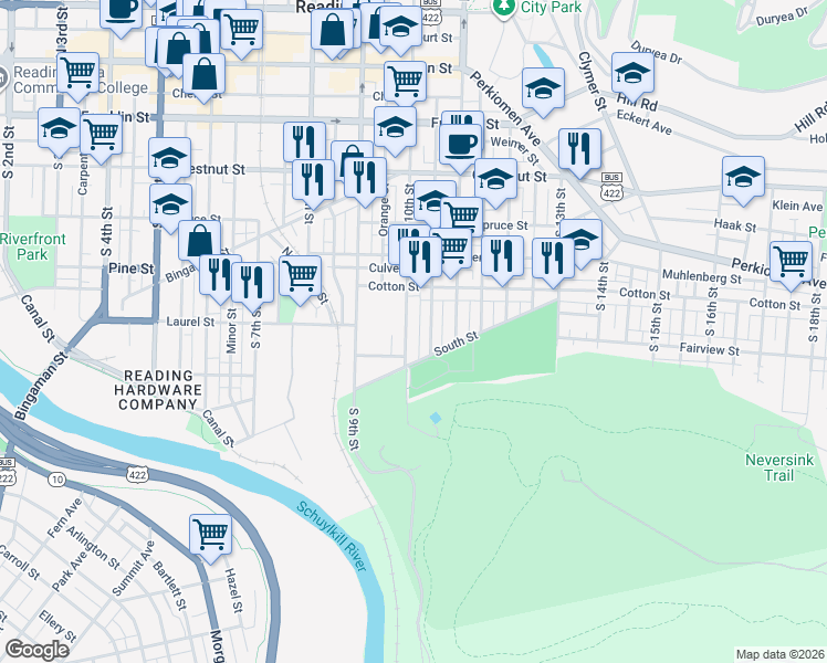 map of restaurants, bars, coffee shops, grocery stores, and more near 543 South 10th Street in Reading