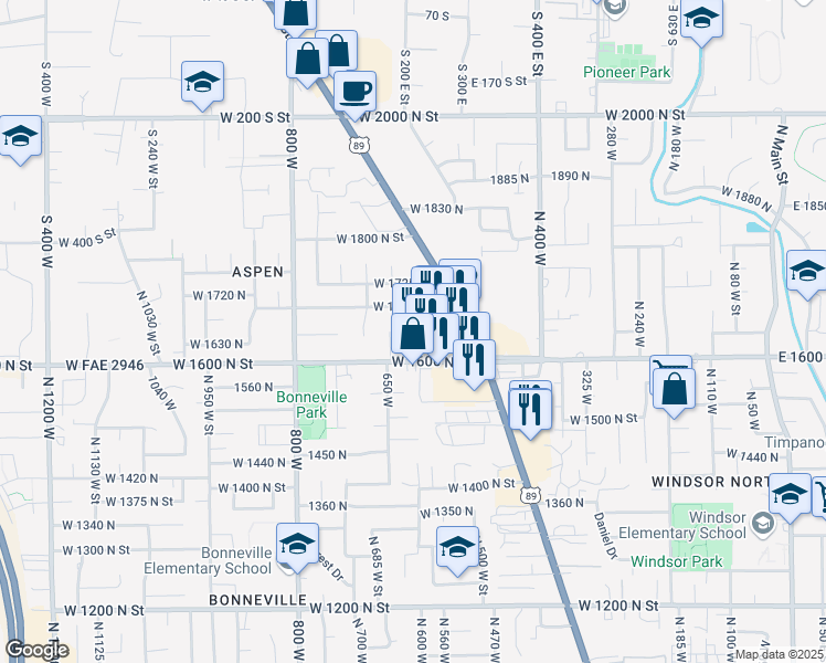 map of restaurants, bars, coffee shops, grocery stores, and more near 1631 North State Street in Orem