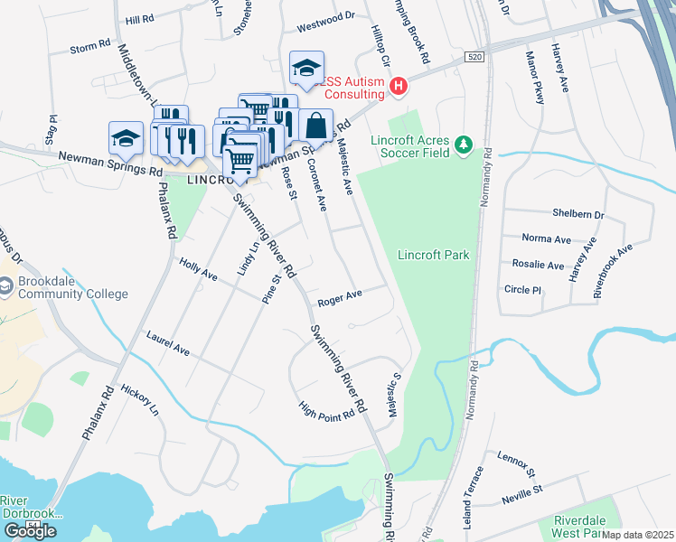 map of restaurants, bars, coffee shops, grocery stores, and more near 28 Coronet Avenue in Lincroft