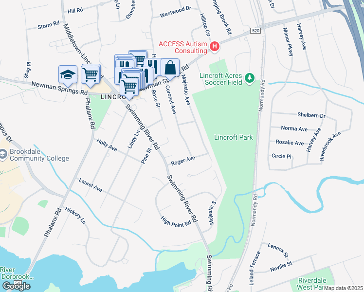 map of restaurants, bars, coffee shops, grocery stores, and more near 28 Coronet Avenue in Lincroft