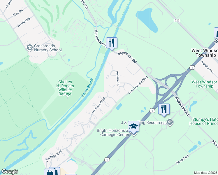 map of restaurants, bars, coffee shops, grocery stores, and more near 18 Hanover Court in Princeton