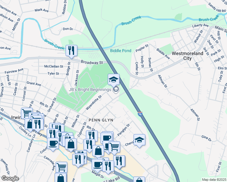 map of restaurants, bars, coffee shops, grocery stores, and more near 780 Brush Hill Road in Irwin