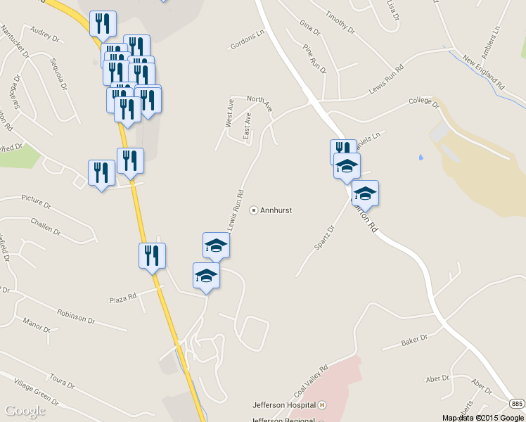 map of restaurants, bars, coffee shops, grocery stores, and more near 535 North Lewis Run Road in Jefferson Hills