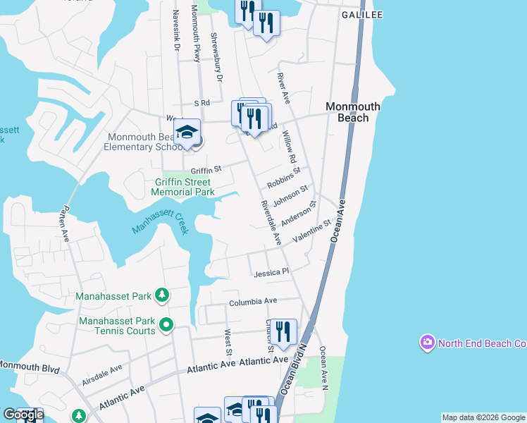 map of restaurants, bars, coffee shops, grocery stores, and more near 20 Johnson Street in Monmouth Beach