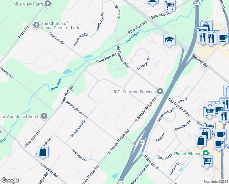 map of restaurants, bars, coffee shops, grocery stores, and more near 102 Sandy Knoll Circle in Doylestown