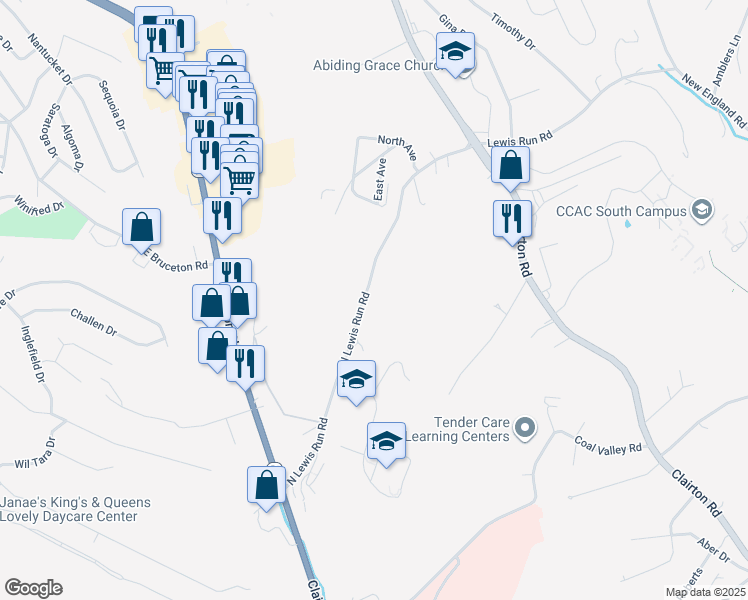 map of restaurants, bars, coffee shops, grocery stores, and more near 535 North Lewis Run Road in Jefferson Hills