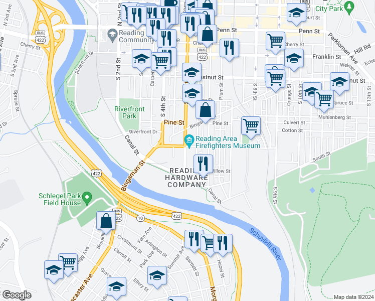 map of restaurants, bars, coffee shops, grocery stores, and more near 517 South 5th Street in Reading