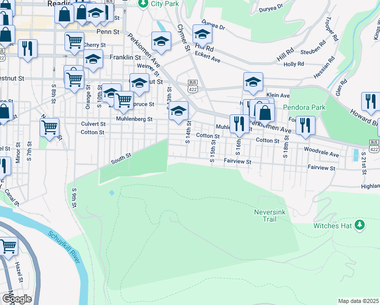 map of restaurants, bars, coffee shops, grocery stores, and more near 549 South 14th Street in Reading