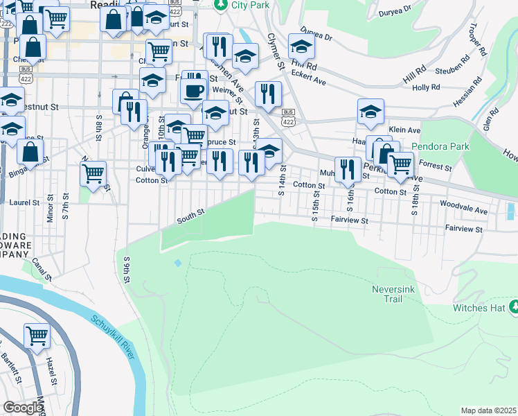 map of restaurants, bars, coffee shops, grocery stores, and more near 1315 Fairview Street in Reading