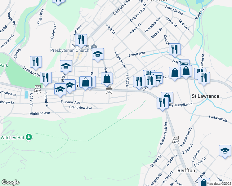 map of restaurants, bars, coffee shops, grocery stores, and more near 2622 Perkiomen Avenue in Mount Penn
