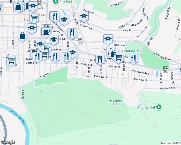map of restaurants, bars, coffee shops, grocery stores, and more near 547 South 15th Street in Reading