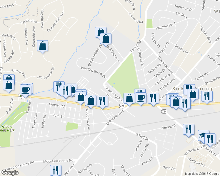 map of restaurants, bars, coffee shops, grocery stores, and more near 109 Cacoosing Avenue in Sinking Spring