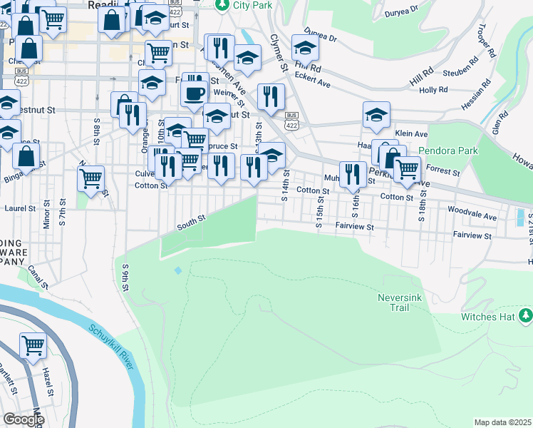 map of restaurants, bars, coffee shops, grocery stores, and more near 1315 Fairview Street in Reading