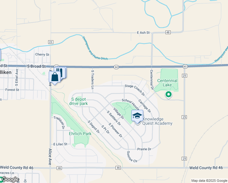 map of restaurants, bars, coffee shops, grocery stores, and more near 2363 Carriage Drive in Milliken