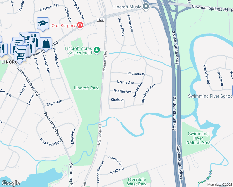 map of restaurants, bars, coffee shops, grocery stores, and more near 55 Rosalie Avenue in Middletown Township