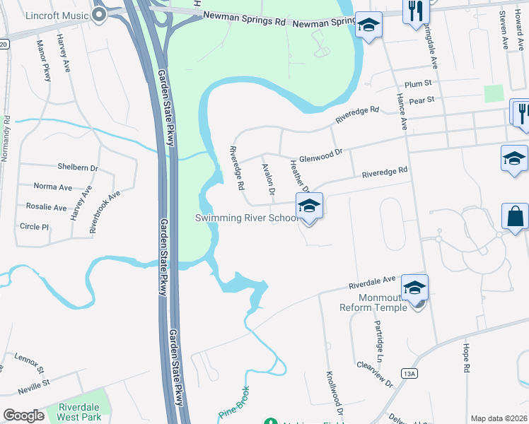 map of restaurants, bars, coffee shops, grocery stores, and more near 130 Riveredge Road in Tinton Falls