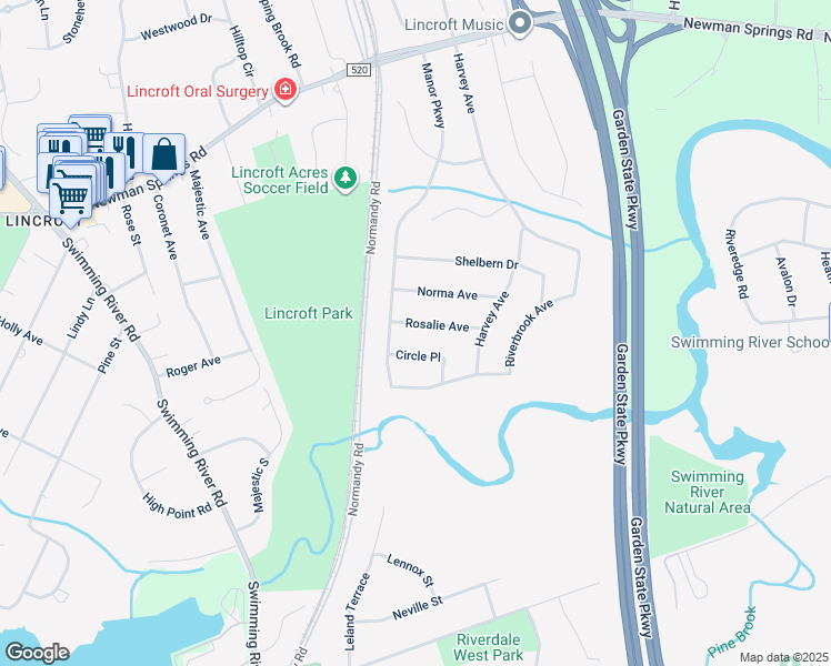 map of restaurants, bars, coffee shops, grocery stores, and more near 55 Rosalie Avenue in Middletown Township