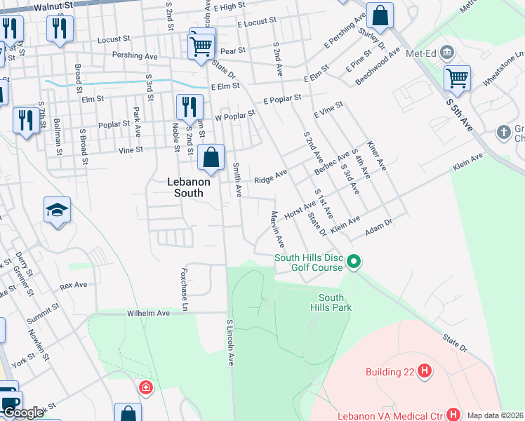 map of restaurants, bars, coffee shops, grocery stores, and more near 910 Daniels Street in Lebanon