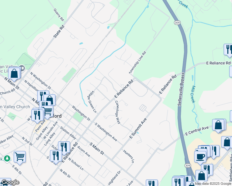 map of restaurants, bars, coffee shops, grocery stores, and more near 401 East Reliance Road in Telford