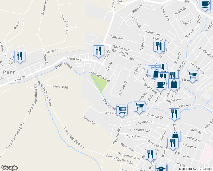 map of restaurants, bars, coffee shops, grocery stores, and more near 210 11th Street in Jeannette