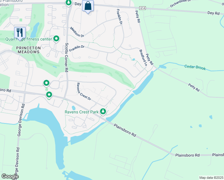 map of restaurants, bars, coffee shops, grocery stores, and more near 1801 Ravens Crest Drive in Plainsboro Township