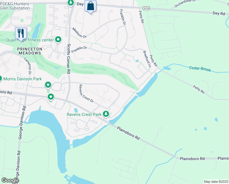 map of restaurants, bars, coffee shops, grocery stores, and more near 1801 Ravens Crest Drive in Plainsboro Township