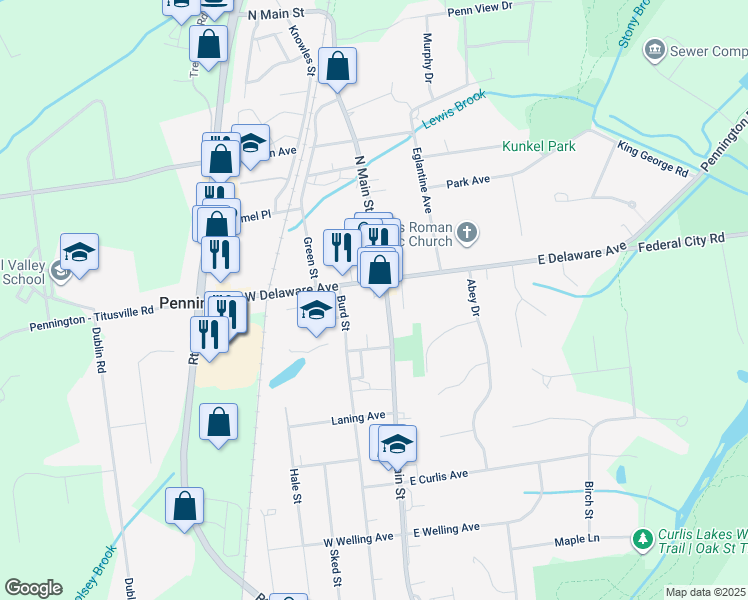 map of restaurants, bars, coffee shops, grocery stores, and more near 16 South Main Street in Pennington