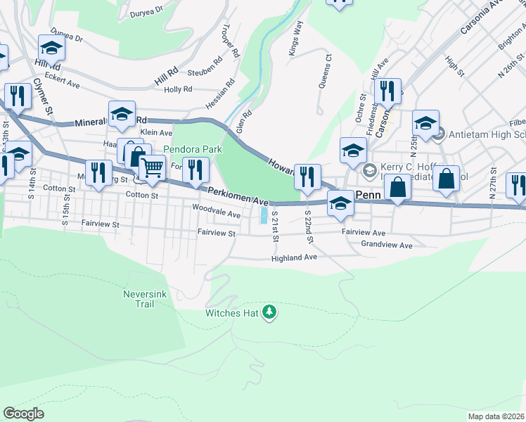map of restaurants, bars, coffee shops, grocery stores, and more near 2000 Perkiomen Avenue in Reading