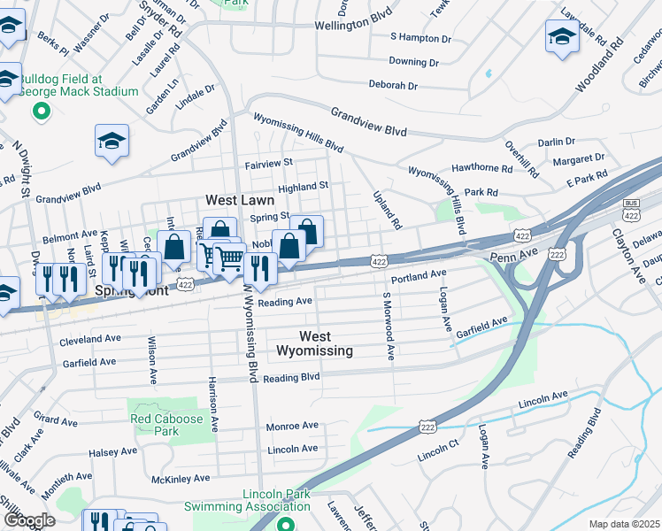 map of restaurants, bars, coffee shops, grocery stores, and more near 2103 U.S. 422 in West Lawn