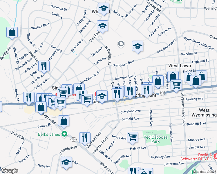 map of restaurants, bars, coffee shops, grocery stores, and more near 35 East Court Boulevard in West Lawn