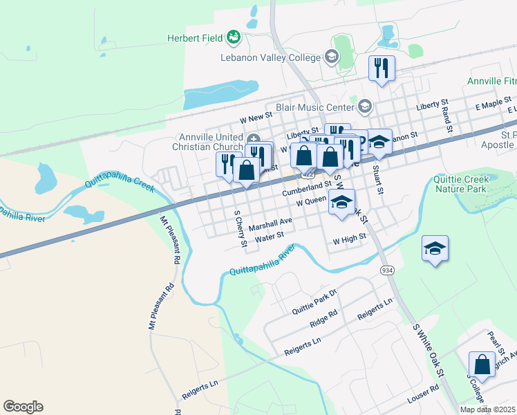 map of restaurants, bars, coffee shops, grocery stores, and more near 345 West Queen Street in Annville