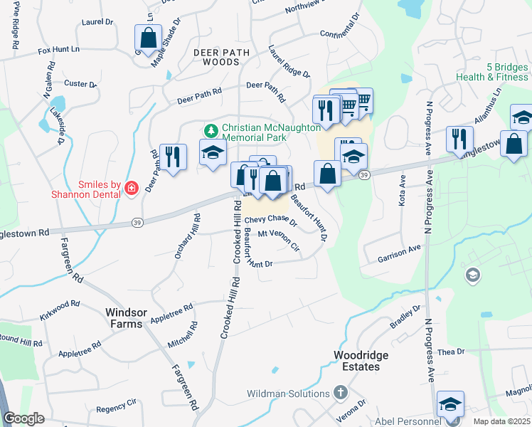map of restaurants, bars, coffee shops, grocery stores, and more near 2016 Chevy Chase Drive in Harrisburg