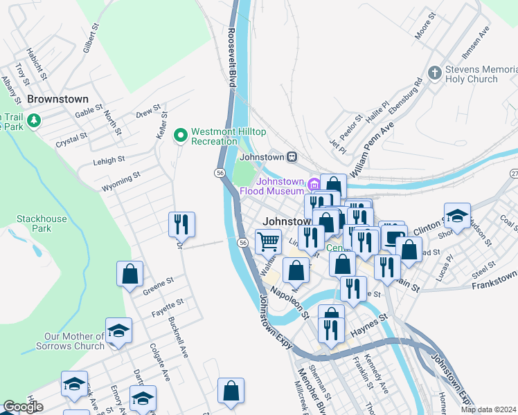 map of restaurants, bars, coffee shops, grocery stores, and more near 120 Main Street in Johnstown