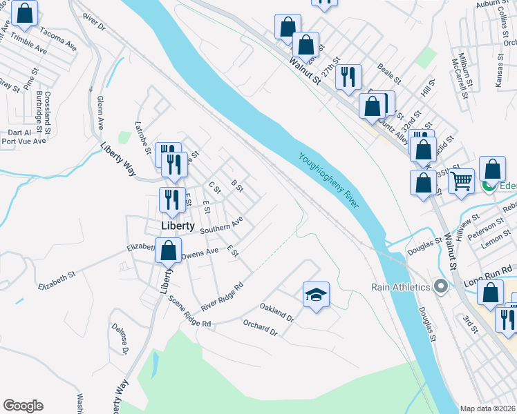 map of restaurants, bars, coffee shops, grocery stores, and more near 207 Southern Avenue in McKeesport