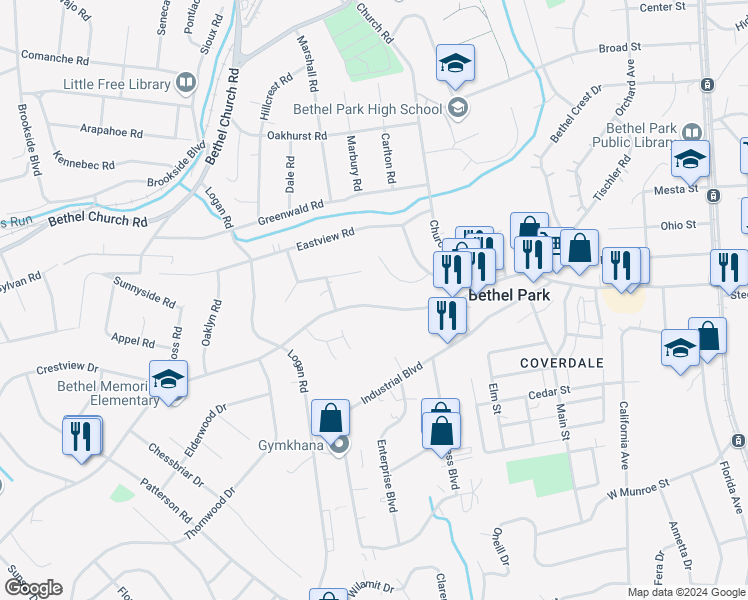 map of restaurants, bars, coffee shops, grocery stores, and more near 3070 South Park Road in Bethel Park