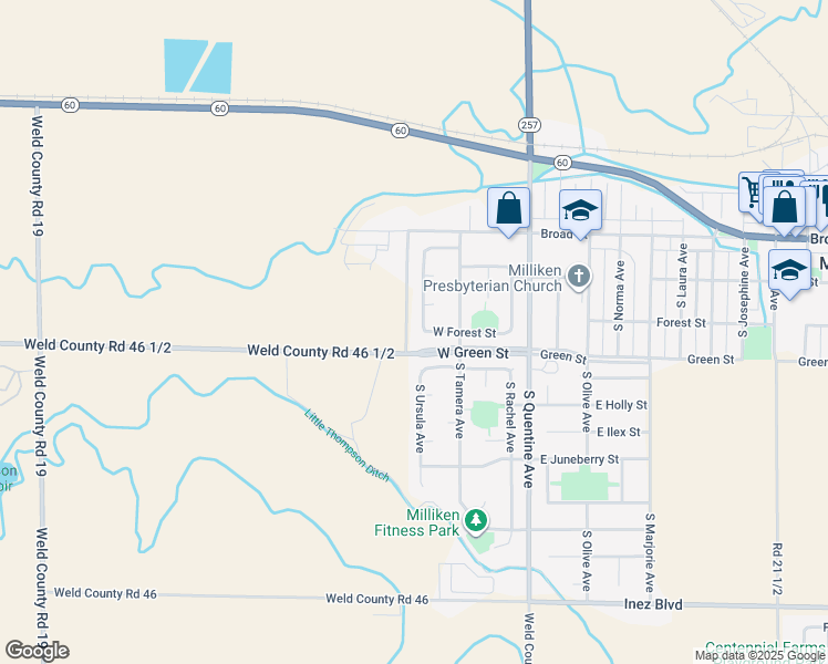map of restaurants, bars, coffee shops, grocery stores, and more near 347 South Ursula Avenue in Milliken