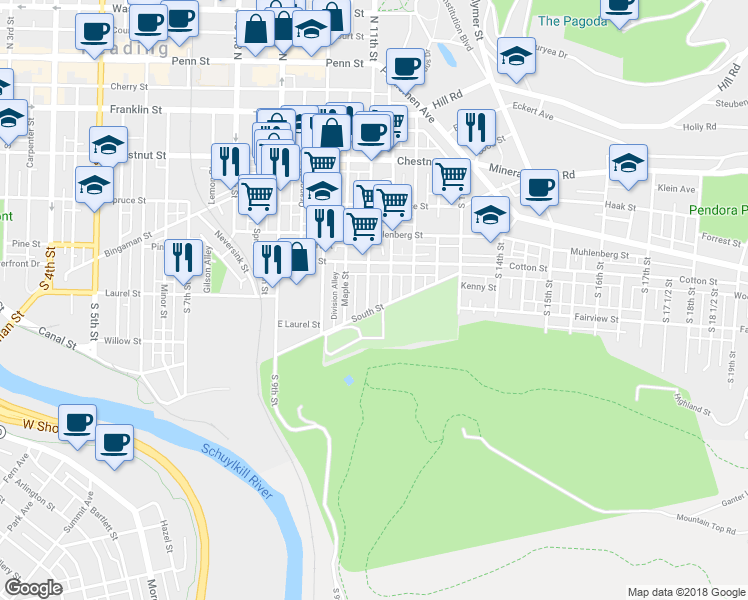 map of restaurants, bars, coffee shops, grocery stores, and more near 557 South 11th Street in Reading