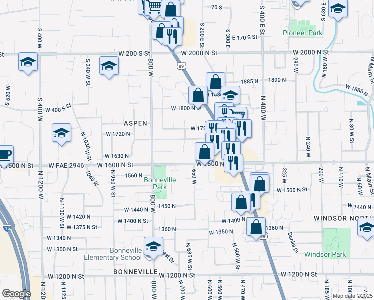 map of restaurants, bars, coffee shops, grocery stores, and more near 1656 North 680 West in Orem