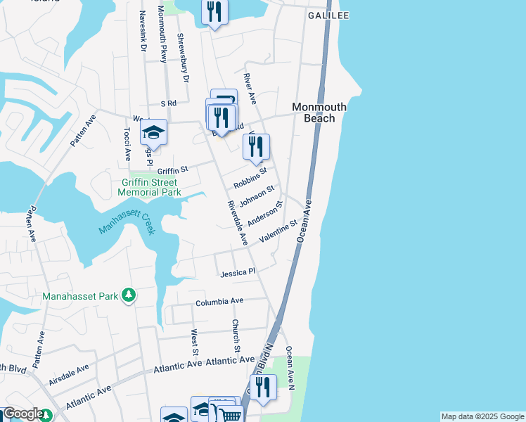 map of restaurants, bars, coffee shops, grocery stores, and more near 7 Anderson Street in Monmouth Beach