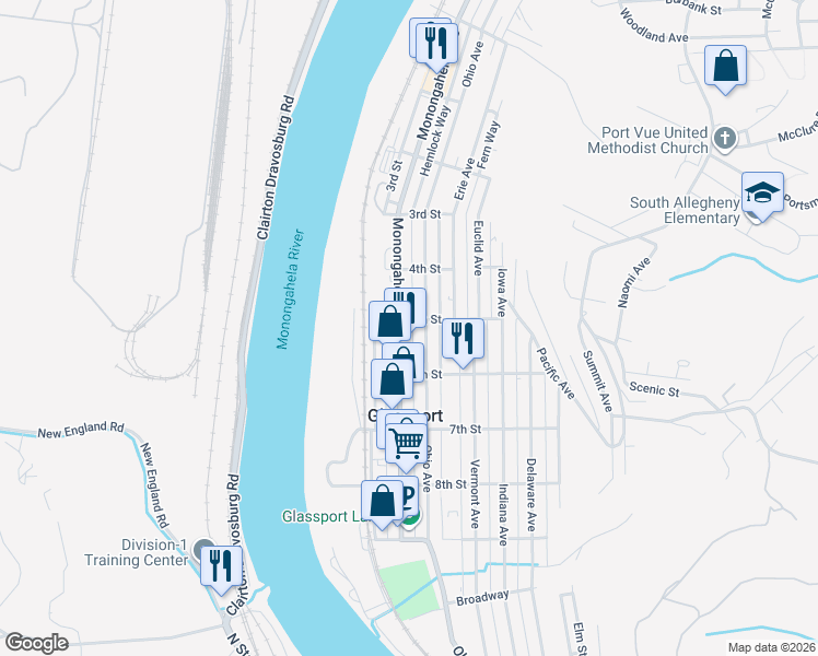 map of restaurants, bars, coffee shops, grocery stores, and more near 500 Ohio Avenue in Glassport