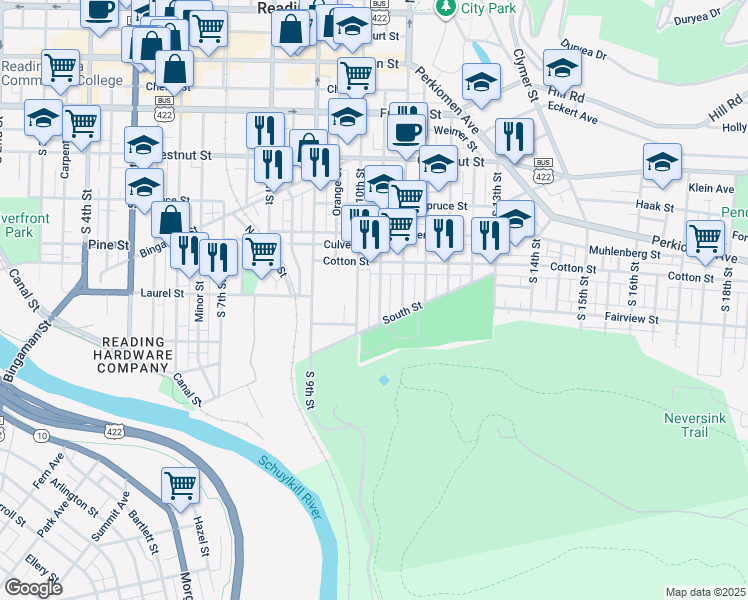 map of restaurants, bars, coffee shops, grocery stores, and more near 543 South 10th Street in Reading