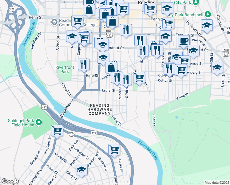 map of restaurants, bars, coffee shops, grocery stores, and more near 604 Laurel Street in Reading