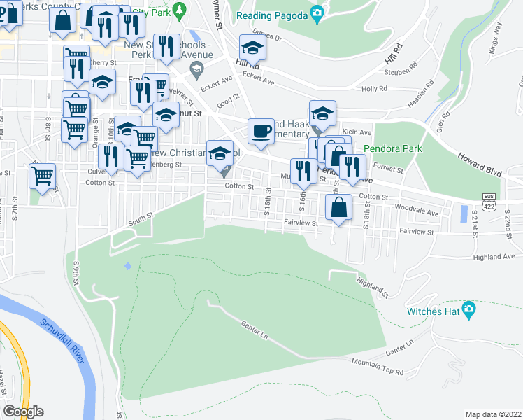 map of restaurants, bars, coffee shops, grocery stores, and more near 546 South 15th Street in Reading