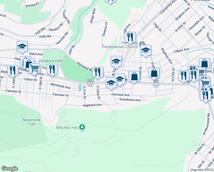 map of restaurants, bars, coffee shops, grocery stores, and more near 2234 Perkiomen Avenue in Mount Penn