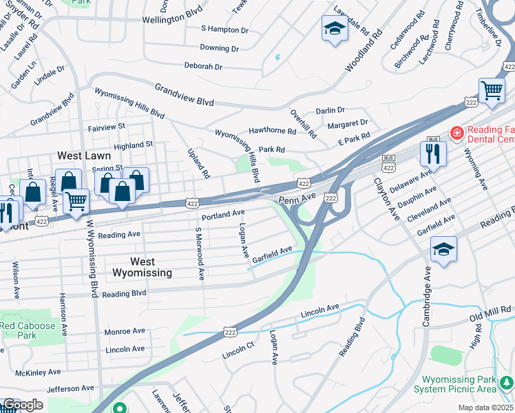 map of restaurants, bars, coffee shops, grocery stores, and more near 1741 Portland Avenue in West Lawn