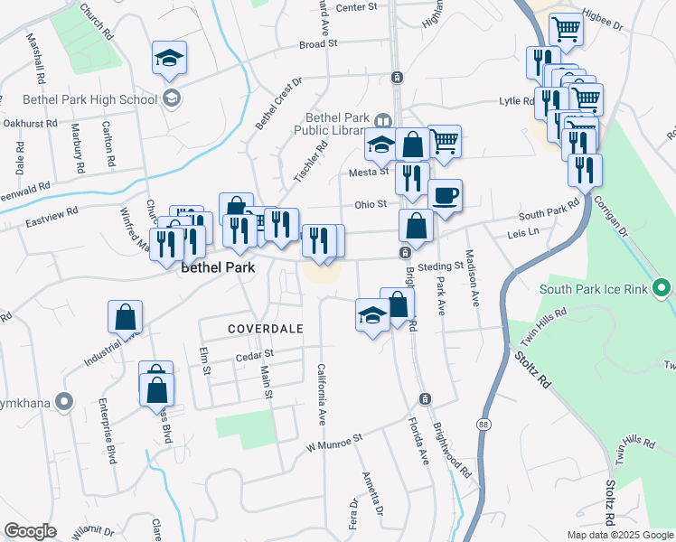 map of restaurants, bars, coffee shops, grocery stores, and more near 2765 South Park Road in Bethel Park